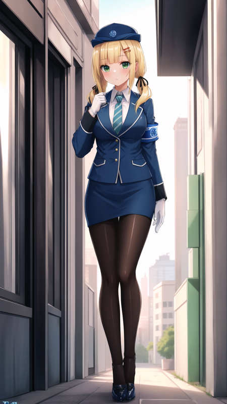 emilia_krt_girls, 1girl, solo, long hair, skirt, blonde hair, shirt, hair ornament, gloves, long sleeves, hat, ribbon, twintails, green eyes, jacket, hair ribbon, pantyhose, necktie, shoes, hairclip, striped, white gloves, miniskirt, uniform, blue skirt, black pantyhose, black ribbon, low twintails, blue jacket, armband, blue headwear, pencil skirt, blue necktie, striped necktie, emilia_krt_girls, 1girl, solo, long hair, skirt, blonde hair, shirt, hair ornament, gloves, long sleeves, ribbon, twintails, green eyes, jacket, hair ribbon, white shirt, ahoge, pantyhose, necktie, hairclip, striped, collared shirt, white gloves, blue skirt, black pantyhose, black ribbon, low twintails, blue jacket, armband, blue necktie, striped necktie emilia_krt_girls, 1girl, solo, long hair, blonde hair, shirt, hair ornament, white background, ribbon, twintails, green eyes, hair ribbon, white shirt, ahoge, necktie, hairclip, black ribbon, low twintails, blue necktie