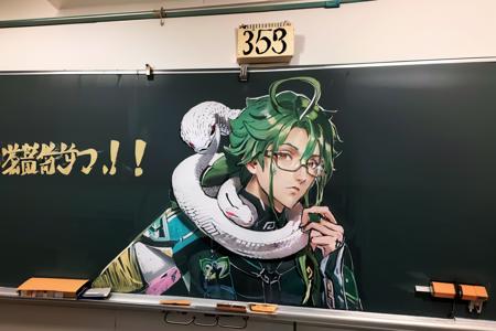 masterpiece, best quality,<lora:blackboard:0.7>,chalkboard, 1boy,snake,glasses,simple background,