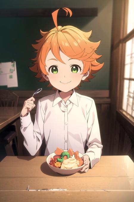 emma, neverland, 1girl, indoors, wooden table, eating, smiling, short hair, shirt, long sleeves, green eyes, white shirt, ahoge, collared shirt, orange hair, <lora:Emma:0.7>