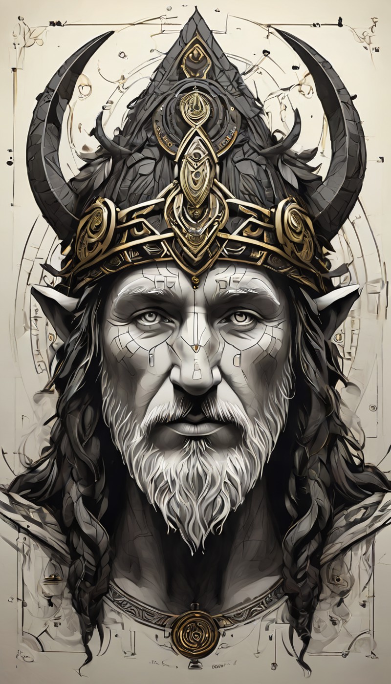 sketch_sheet, a drawing of Druid, ((black and white:1.5)), (paper background:1.5) golden ratio, detailed, sharp focus, int...