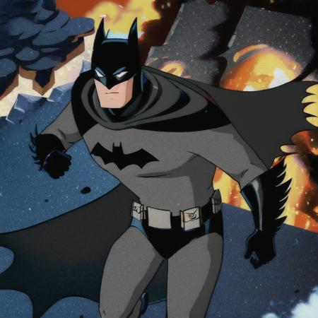 batman,1boy,solo,grey bodysuit,utility belt,black cape,black gloves,white eyes,superhero,masterpiece ,best quality,emerge from fire, embers,<lora:batman:0.75>