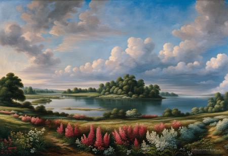 jhcst style a painting of  a great lake  surrounded with  flower field 