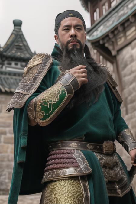 male ,full body ,(green metal armor, metal dragon head on the shoulder, holding a long handle knife, (colored skin, ),(long black beard):1.2), (green metal armor with intricate pattern:1.2), gloves, long pants, (insanely detailed, bloom:1.5), (highest quality, concept art, 4k), (analog:1.2), (high sharpness), (detailed pupils:1.1), (painting:1.1), (digital painting:1.1), detailed face and eyes, Masterpiece, best quality, (highly detailed photo:1.1), 8k, photorealistic, (dark hair color, dynamic short hair), (pureerosface_v1:0.2), [:(detailed face:1.2):0.2], sharp, realistic, real shadow, (Chinese castle background:1.2),