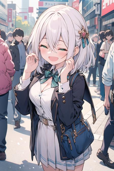 insanely detailed, absurdres, ultra-highres, ultra-detailed, best quality, 1girl, solo, 16 years old, nice hands, perfect hands, BREAK, (closed eyes:1.2), (wearing winter school uniform), happy smile, laugh, cute pose, cowboy shot, open mouth, <lora:nikkori_v200_metadata:1>
BREAK, slender, kawaii, perfect symmetrical face, ultra cute girl, ultra cute face, ultra detailed eyes, ultra detailed hair, ultra cute, ultra beautiful, by Canon EOS, SIGMA Art Lens 35mm F1.4, ISO 200 Shutter Speed 2000, in harajuku, shibuya, tokyo, street, crowd, cityscape, medium large breasts, cleavage, BREAK, (silver medium hair, dark green eyes), hair between eyes <lora:widemouth_v100:1>