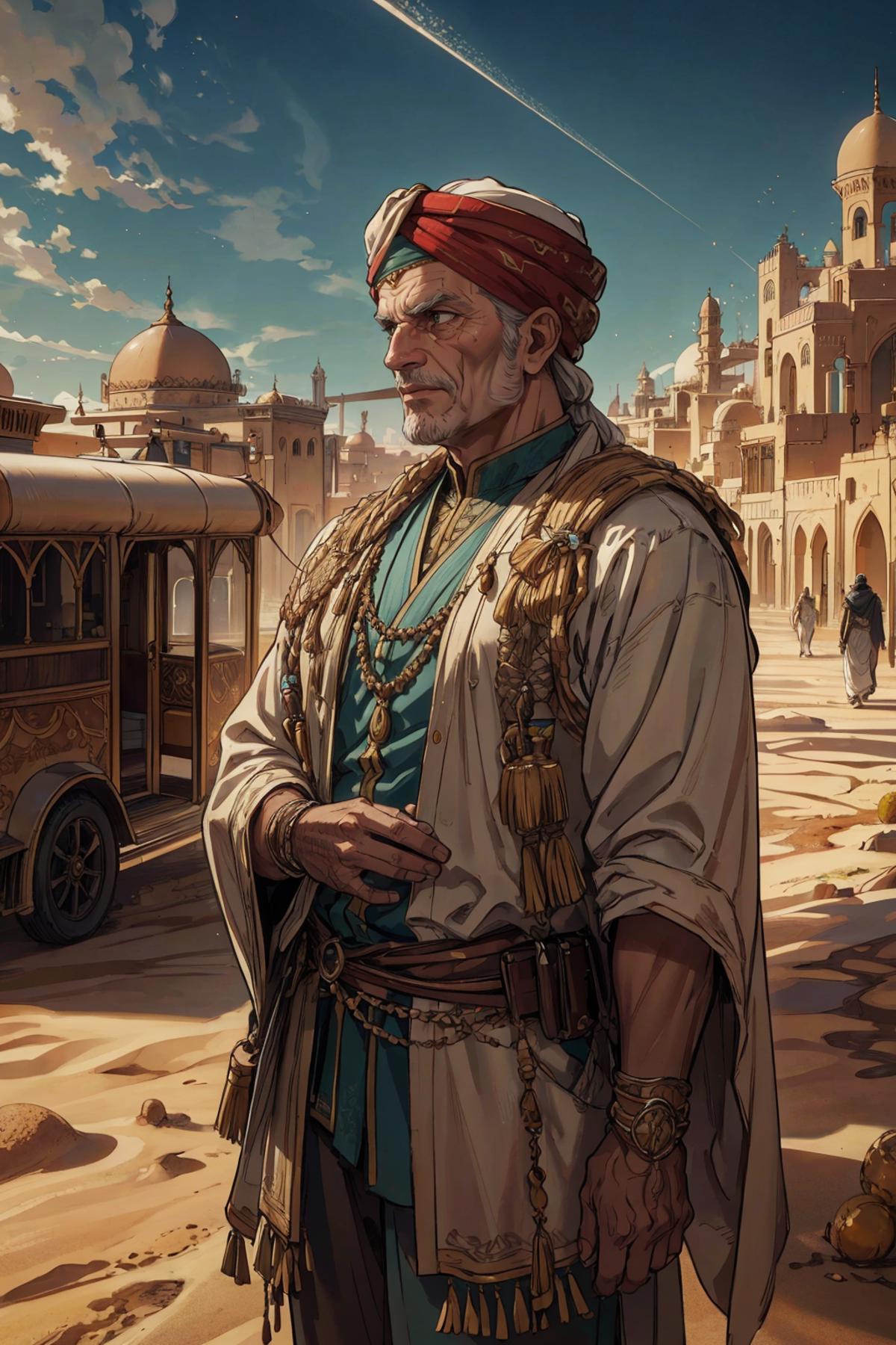 Ancient Middle Eastern Man in Robe and Turban Standing in City Street.