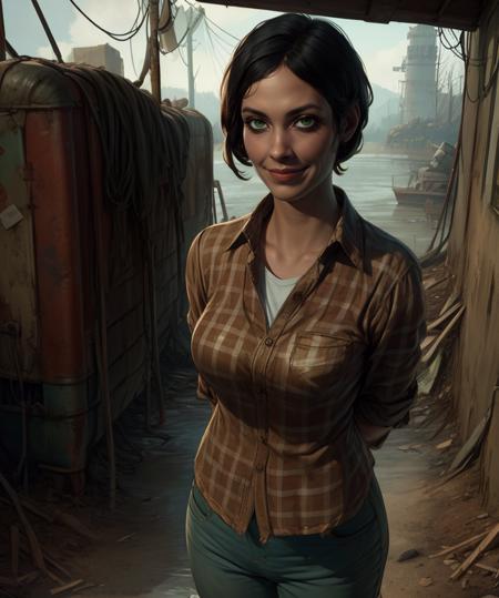 curie,short hair,black hair,green eyes,smile,
closed red flannel shirt,jeans,dirty clothes,arms behind back,
wasteland,lake,
standing,
(insanely detailed, beautiful detailed face, masterpiece, best quality),<lora:curie-10F4v8:0.8>,