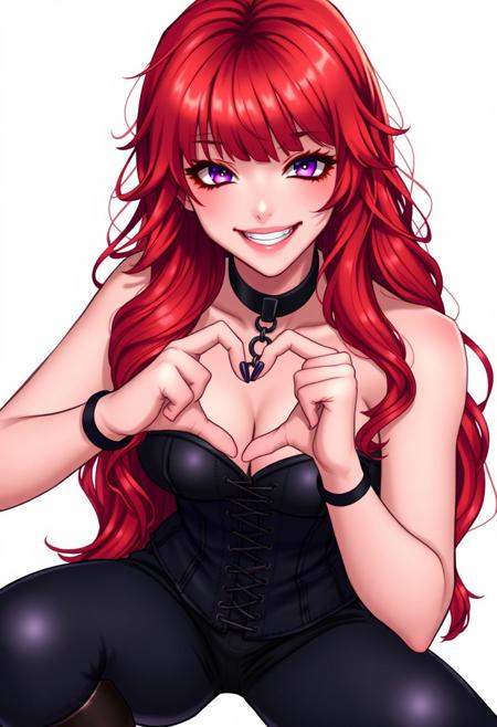 1 woman makes a heart with her hands, ultra detailed, red hair, long hair, wavy hair, bangs, purple eyes black collar, leather pants, corset, bare shoulders, ankle boots, a big smile, joy, white background, realistic