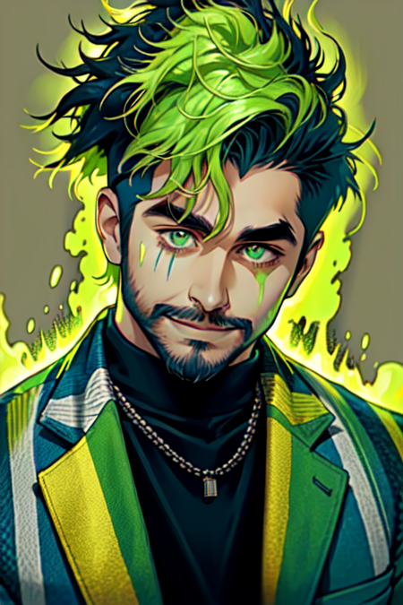 Niji Slime, looking at viewer, smile, shirt, 1boy, jewelry, jacket, male focus, necklace, glowing, facial hair, chain, facial mark, border, portrait, beard, green jacket,  undercut <lora:Niji_Slime:1>