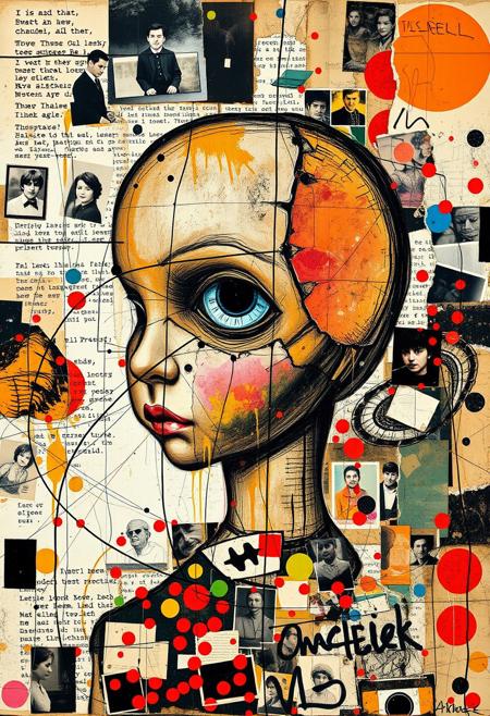 Outsider art. A surreal and deconstructed mixed-media collage in the style of Jacques Prévert with an urgent sense of chaos and energy. An analogue collage artwork blending fragmented styles, layers and textures. 
A Jean-Michel Basquiat illustration of a broken Victorian pot doll's head with a missing eye.
Layered over this obscuring the image are multiple fragmented and overlapping layers of chaotic thick paint, splatters of paint, palette knife oil paint, handwritten scrawled text messages, torn photographs and broken distorted vintage photographs filling the canvas. 
Layers sections of repetitive brightly coloured dots in Yayoi Kusama style. Fragmented scribbles and abstract graffiti images in Jean-Michel Basquiat style over the top. This hides sections of the image below. Outlines are roughly redrawn in black ink and thick oil paint. The overall effect is manic and anarchic with an urgent sense of energy.