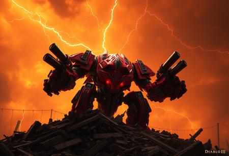 Diablo III inspired, a colossal red and black monster robot creature with arm cannons stands on a ruin pile. Above, a chaotic dark orange storm sky crackles with lightning bolts. Cinematic, dynamic action pose, captivating lighting, Octane render, Unreal Engine 5, trending on Artstation, highly detailed, impeccable composition, matte painting.