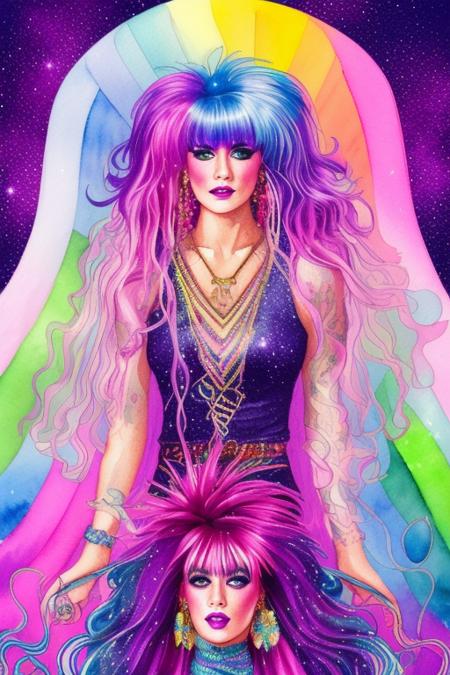 tarot card style, watercolor style,  illustration style, Jem and the Holograms, portrait, 1980s, rainbow hair, Rock star, 1girl, solo, sparkling glitter background, art by artgerm, wlop, ring light,  duskgem