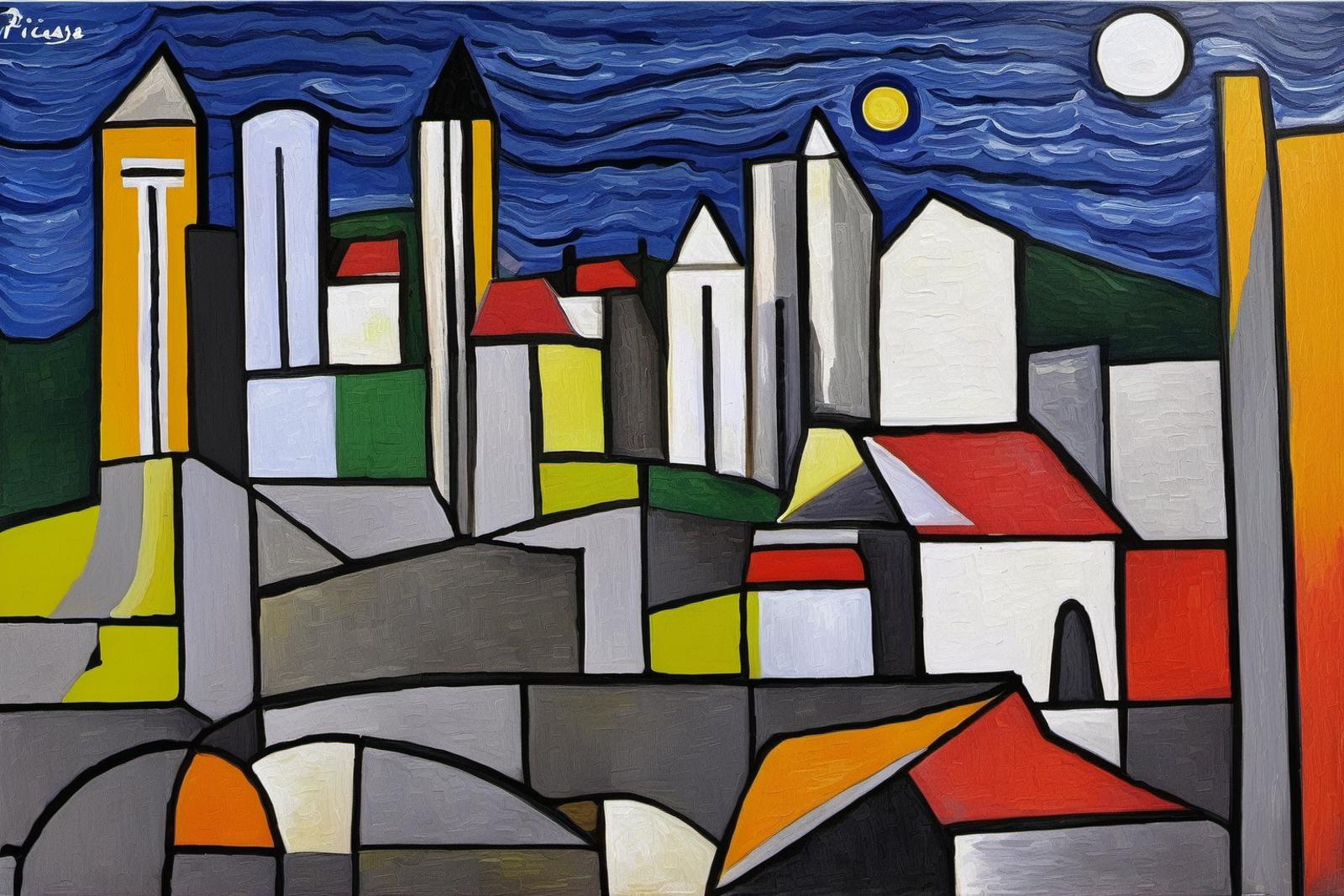 A Painting of a Cityscape with Buildings and a Moonlit Night