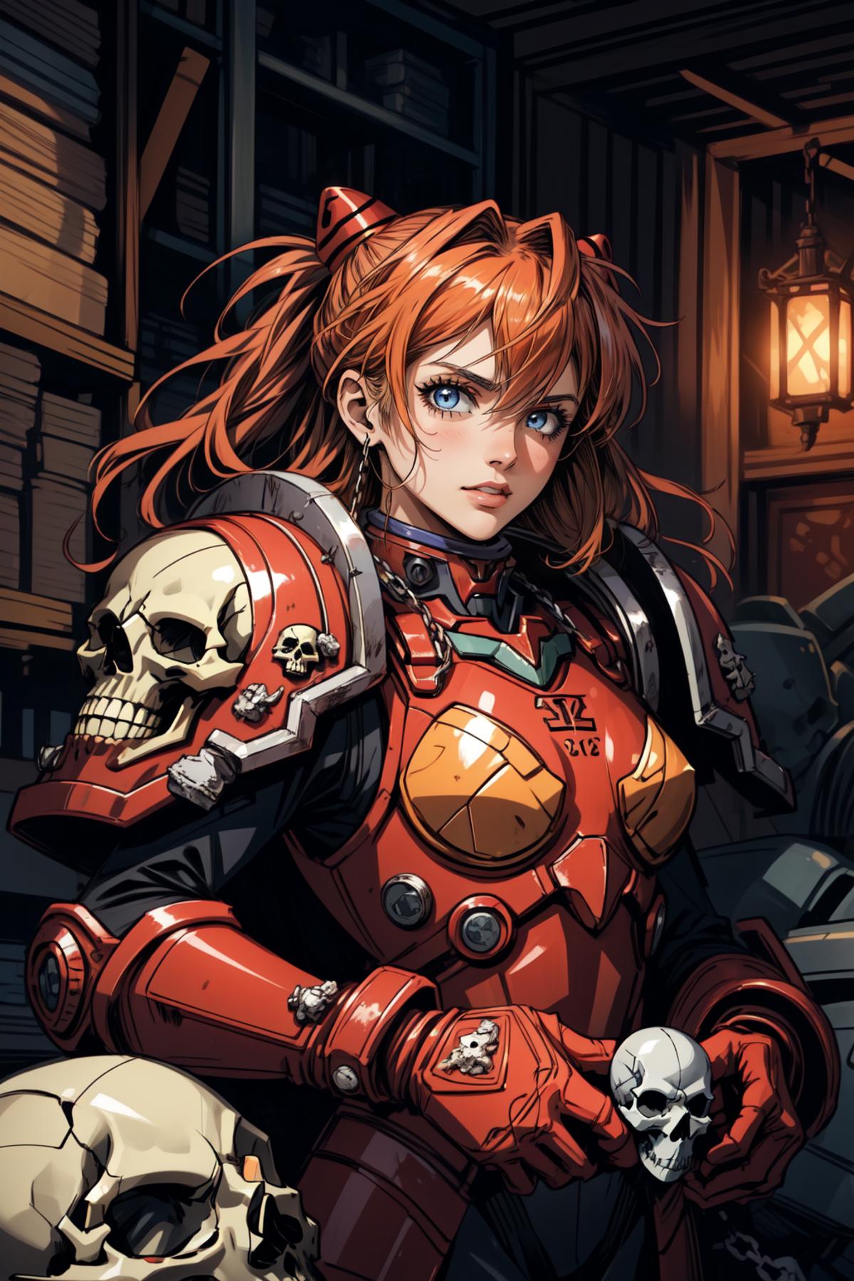 A red armored woman with blue eyes and a skull on her shoulder.