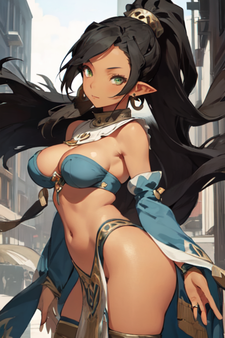 KaliDN, 1girl, solo, long hair, large breasts, black hair, ponytail, navel, jewelry, medium breasts, very long hair, green eyes, earrings, detached sleeves, pointy ears, dark skin, dark-skinned female, loincloth