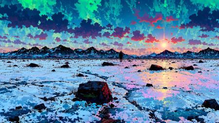 A vast, frozen tundra where the ground is etched with ancient runes. Under a sky ablaze with enchanted auroras, spectral figures seem to wander among the frost and ice.