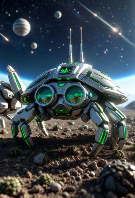 420futurism, closeup cute small mecha crab, wear round goggles, from side, on planet ground, spaceship, space background, cinematic, cinematic lighting, (masterpiece, best quality:1.4), ultra-high res, 4k, Photorealistic, insanely detailed, sfw,