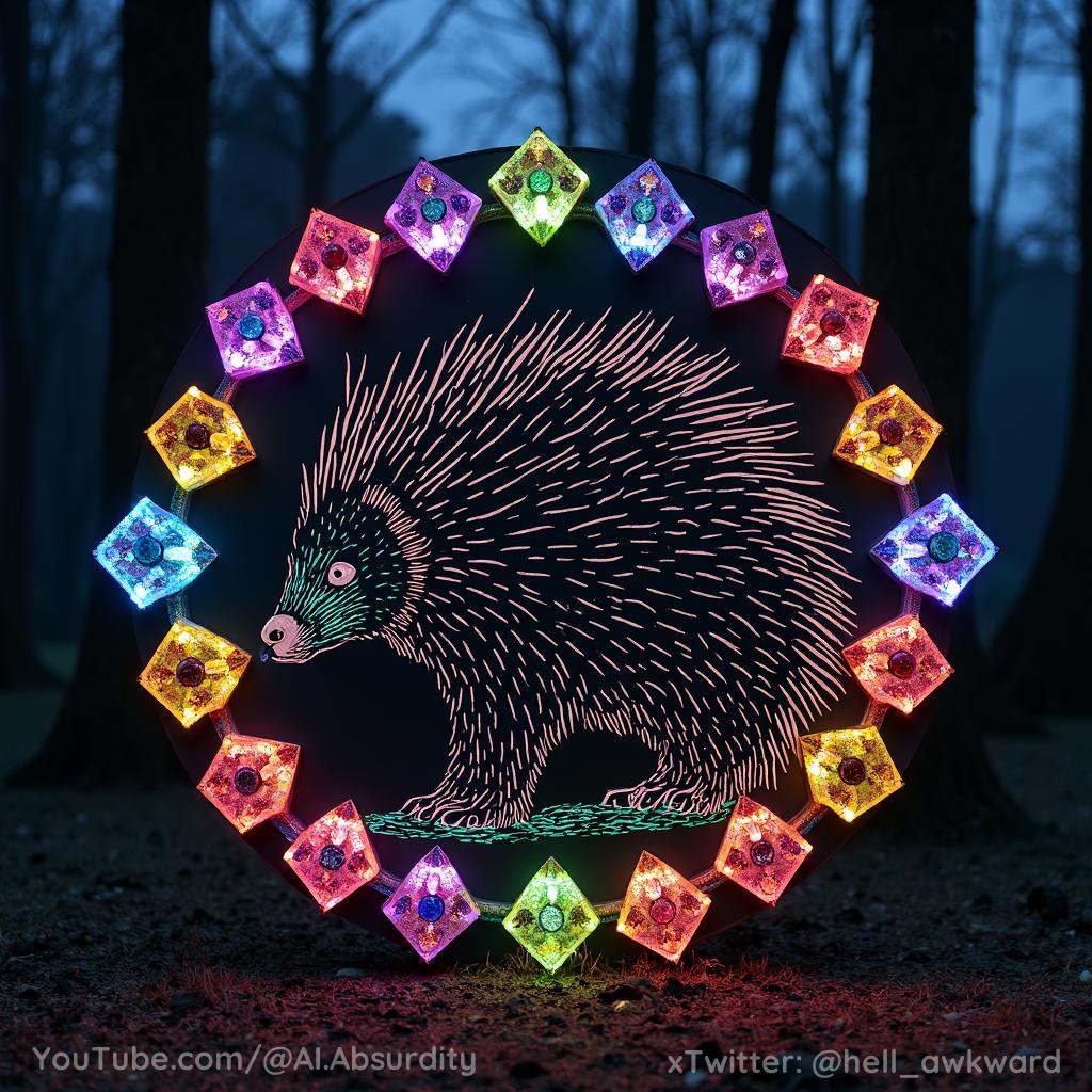 Positive: A large circular art piece is displayed against a night-time backdrop. The artwork consists of a medium-sized porcupine with glowing rhinestone diamonds arranged on his spines and tail. The spiky black-and-tan animal stands in a diamond shape, with its head turned to the side, illustrating a large diamond design on the left face. A smaller diamond design is on the other cheek. A fluorescent green stream of light emits from the subject's right side. The rhinestones are arranged as the porcupine's spines and tail, creating a 3D-like effect. They range from pink, blue, green, yellow, orange, and purple. Each rhinestone has a diamond shape at its top with a small hole in the middle, displaying smaller stones on their own. The diamonds are arranged in diamond shapes around the large porcupine, reflecting light and shining vibrantly. The scene is set against a forest backdrop with starlight glimmering in the sky, harmonizing the subject's shiny, reflective nature with the environment.