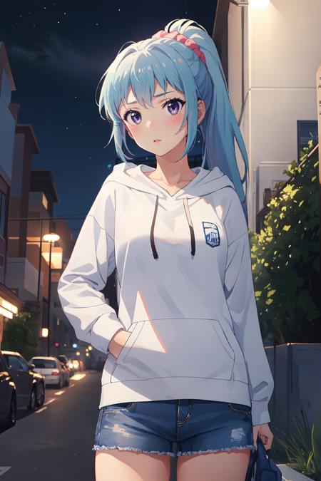 (masterpiece, best quality:1.4), looking at viewer, cowboy shot, saki kawasaki, ponytail, scrunchie, hoodie, outdoors, night, <lora:saki_kawasaki_v1:0.7>