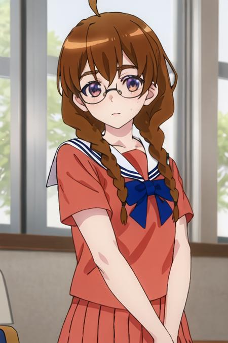 best quality, masterpiece, highres, solo, {sekine_4ninwasorezoreusootsuku:1.15}, brown_hair, glasses, braid, twin_braids, long_hair, ahoge, purple_eyes, serafuku, brown_eyes, 1girl, blue_bow, bow, pink_shirt, sailor_collar, school_uniform, shirt, upper_body, white_sailor_collar, closed_mouth, looking_at_viewer, short_sleeves, bangs, indoors