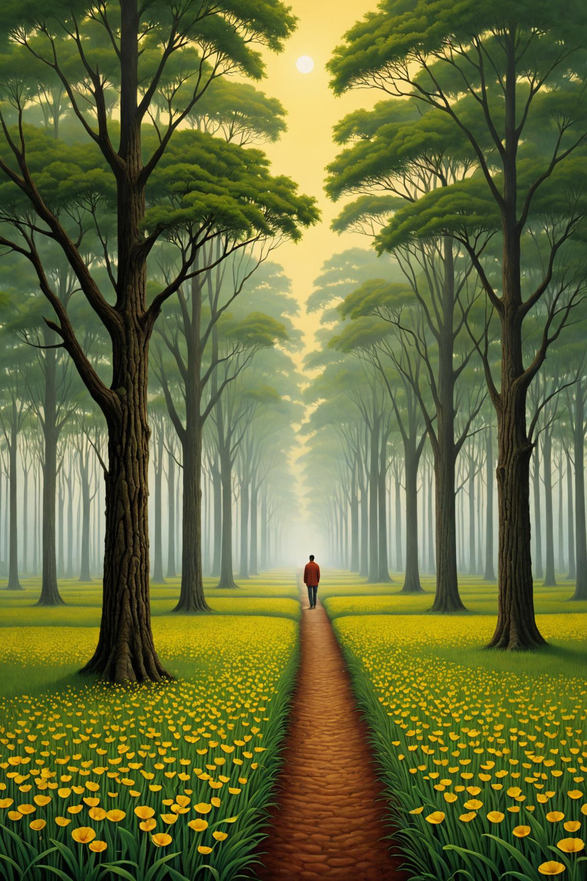 A man walking down a path in a lush green forest.