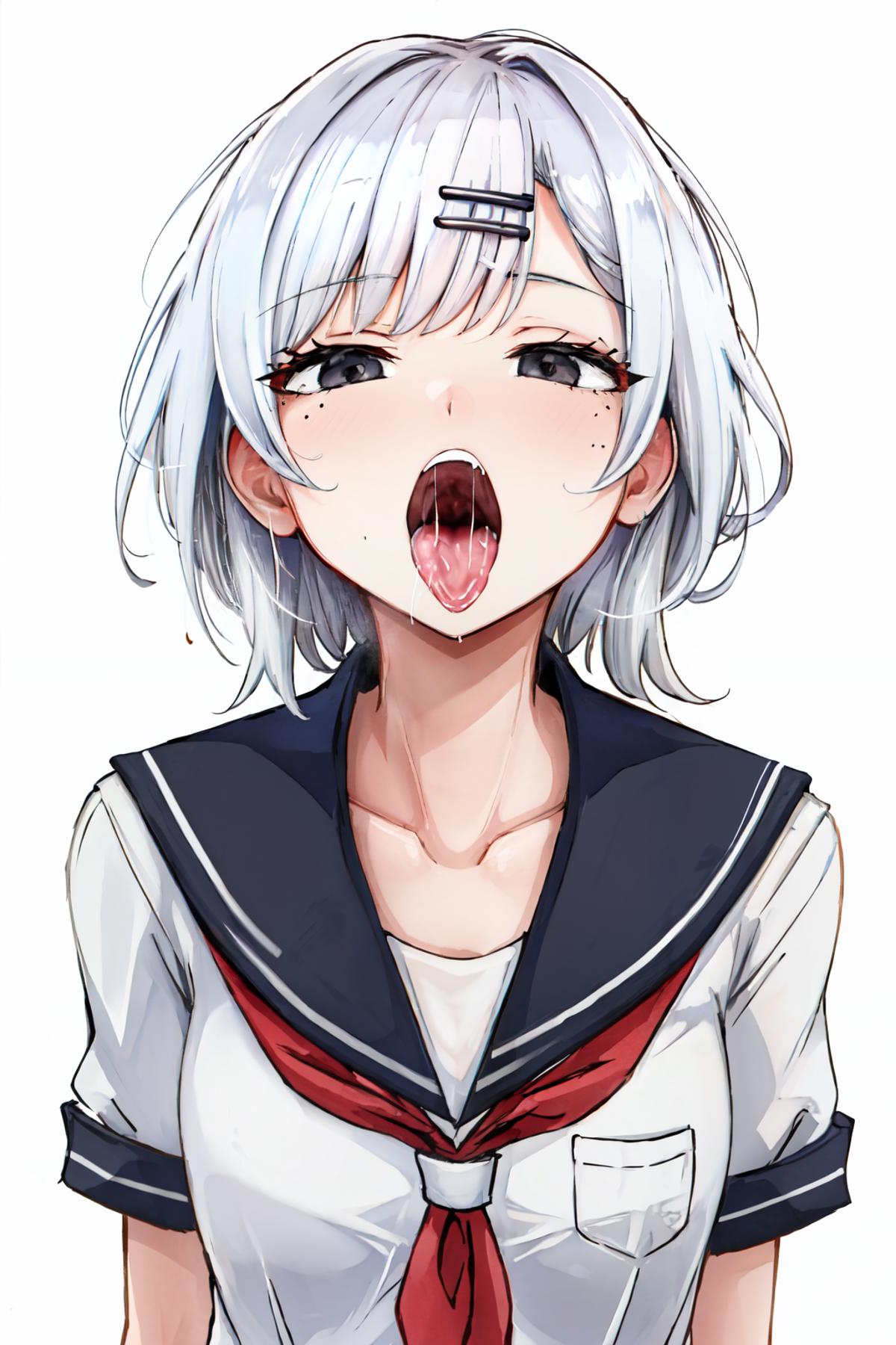 A young girl with a sailor uniform and a red bow in her mouth.