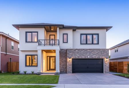 exterior of a modern two story building, decor, wide view, with a garage and lawn