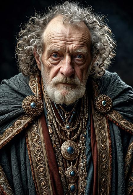 Realistic and detailed close shot portrait photo of an very old man with wild hair, curly hair, wavy hair, old, wrinkly, heavy set, pale skin,
jewelry, necklace, ornate outfit, long tattered cape, loose, covered up, robes, photorealistic, realistic,(best quality, masterpiece, dynamic angle, highest detailed)
(high resolution textures), (intricate details, hyperdetailed:1.15), detailed, (official art, extreme detailed, highest detailed), looking at viewer, eye-contact