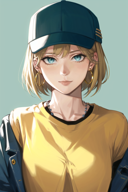 thisuserisalive, masterpiece, best quality, 1girl, aqua eyes, baseball cap, blonde hair, closed mouth, earrings, green background, hat, hoop earrings, jewelry, looking at viewer, shirt, short hair, simple background, solo, upper body, yellow shirt <lora:thisuserisalive_offset:1>