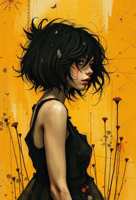 reedy art, , by Ashley Wood, young female, deep meaningful context backgrounds