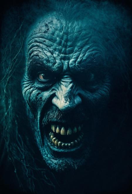 Face of a Horrible shapeshifter shrouded in flowing shadows,  
Texture, ornaments and sharp contrasts, 
dust, 
fog, 
Image of very angry face with sharp teeth, 
mysterious character, 
scary,  
dramatic atmosphere,  
Mixture of dark color palette, 
and cold colors, 
lomography, 
Swirl of colors