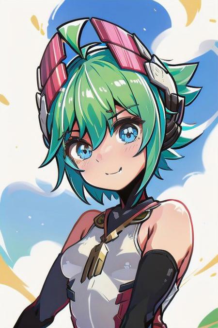 lola green hair short hair ahoge blue eyes headgear leotard elbow gloves white legwear