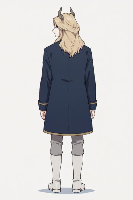 Lugner, blonde hair, long hair, horns, blue eyes, empty eyes Blue coat, brooch, white ascot, black shirt, grey pants, boots, white footwear Anime coloring, official style