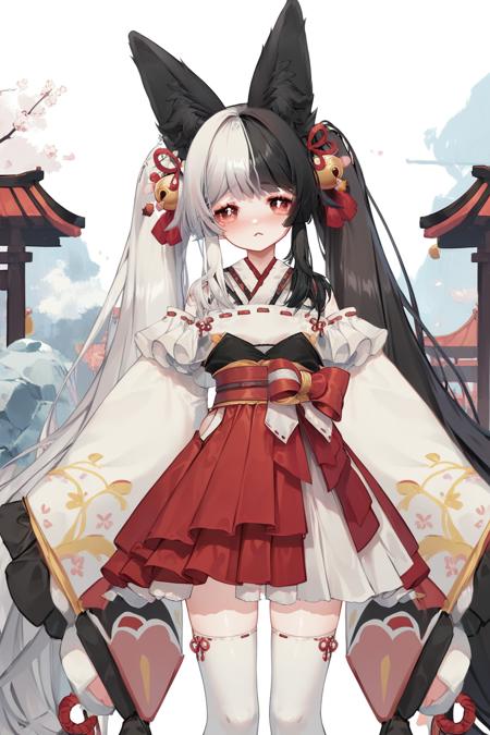 mana,animal ears,red eyes,long hair,black hair,white hair,two-tone hair,thighhighs,red skirt,kimono,hair ornament,symbol-shaped pupils,geta,