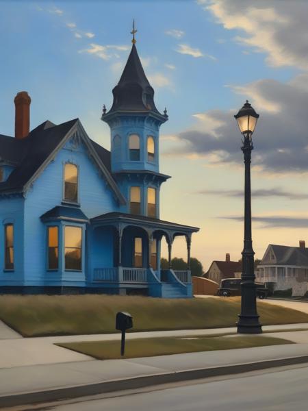 <lora:03realismPainting_Hap_XL:2.5>, realism American art painting oil painting,masterpiece,highly detailed, UHD,8k, <lora:add-detail-xl:0.00001> <lora:hand 4:0.00001>, sale sign, lamppost, blue sky, cloudy, suburban, daytime, Victorian architecture, urban, neighborhood, muted colors, quiet, historic,