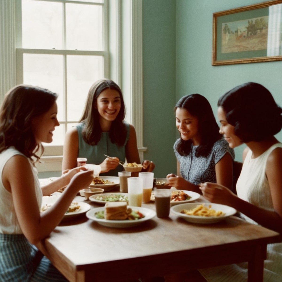 analog film photo of  <lora:Film Stock Footage Style:1>
Medium shot of a group of young women sitting at a table eating fo...