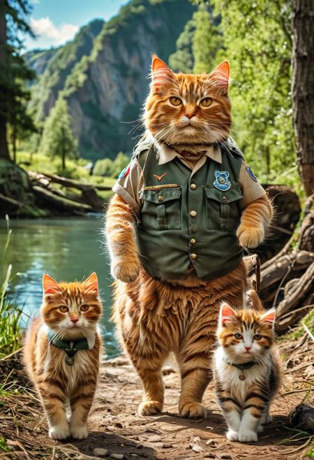 fluffy orange tabby fat cat wearing scout uniform walking guiding kittens wearing scout uniform, camping in the background, morning, grass land background, there is a tree far in the background, river in side, camping cat, cat and kittens standing and walking like human and children,
