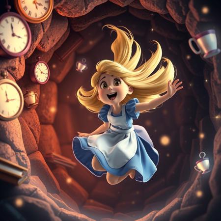 Pixar-style animated scene of a curious blonde girl in a blue dress with white apron falling down a glowing rabbit hole surrounded by floating clocks, teacups, books, and sparkles. Her hair and skirt flow upward, her face amazed and excited. Warm magical lighting, cinematic 3D look