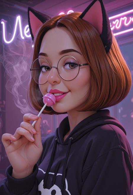 solo,1girl,meg griffin,lollipop,seductive smile, bob cut,brown hair,round eyewear,glasses,pink lips,short hair, steam,neon lights, catgirl costume,