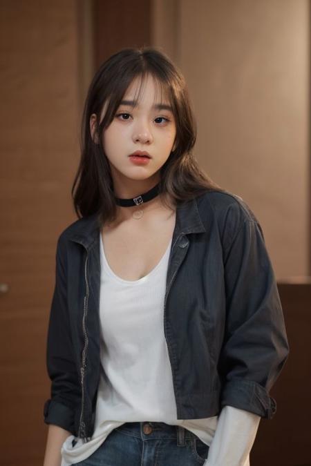 1girl, black shirt, jeans jacket, petite, white shirt, full body, bright picture, cute korean girl, blue eyes,(brown hair), facing the camera, highly detailed, epic, (straight hair:1.7), gorgeous, film, Ultra High Resolution, wallpaper, 8K,Rich texture details, hyper detailed, detailed eyes, detailed background, dramatic angle, epic composition, SimplepositiveXLv1 dynamic lighting, award winning photo, (black choker:1.3), long hair, freckles,, (18 year old girl), (mad:1.7), slut, whore, ash hair, red lips, (no makeup:1.7)