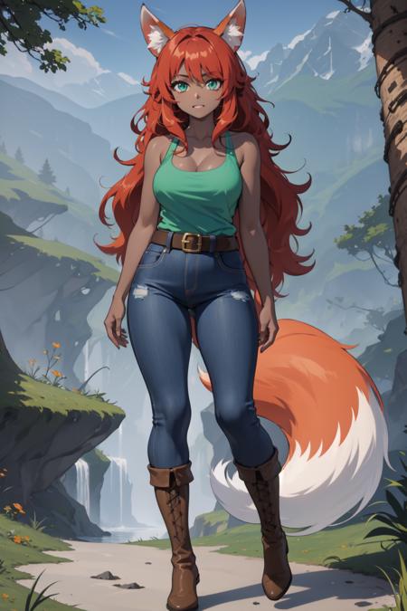 zoo1, green eyes, bangs, orange hair, very long hair, fox tail, dark skin, fox girl, tank top, jeans, belt, boots zoo2, green eyes, bangs, orange hair, very long hair, fox tail, snout, two-tone fur, tank top, jeans, belt, boots