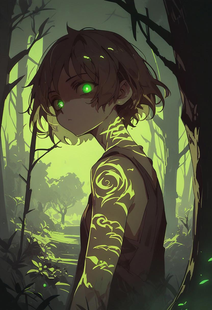 score_9, score_8_up, score_7_up, NLSTN, glowing, dark, 1girl, short hair, brown hair, green pupils, glowing pupils, forest, green theme, looking at the viewer, nature, tattoo, glowing tattoo, tree, from side, poncho,