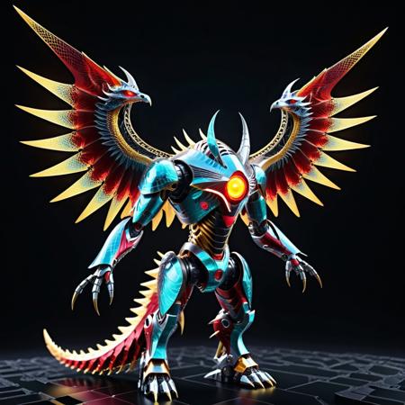 Fractangles,made out of fractangles, codeandigital,, c0dean0igital,, cyberw0rlds, no humans, dragon made out of fractangles, mountain background, wings made out of fractangles, duel monster, claws, solo, open mouth, tail, red eyes, sharp teeth, teeth, monster, robot, full body, non-humanoid robot, horns, mecha, flying, tongue, from side, creature, fangs, science fiction, glowing, mechanical wings, spikes, yellow eyes, colored sclera, gem, looking at viewer, armor made out of fractangles