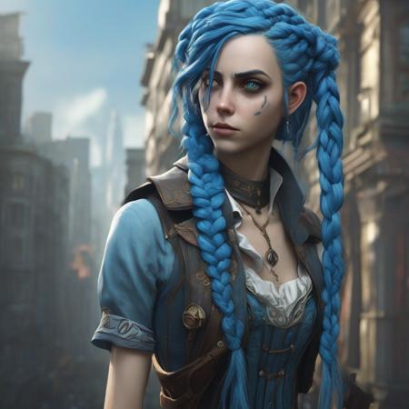 Jinx ((from Arcane and League of Legends)), beautiful detailed face, Beautiful petite girl long blue braided hair, ultra real and detailed, concept art, intricate details, highly detailed, photorealistic, octane render, 8 k, in the visual style of Arcane and Dishonored and Bioshock