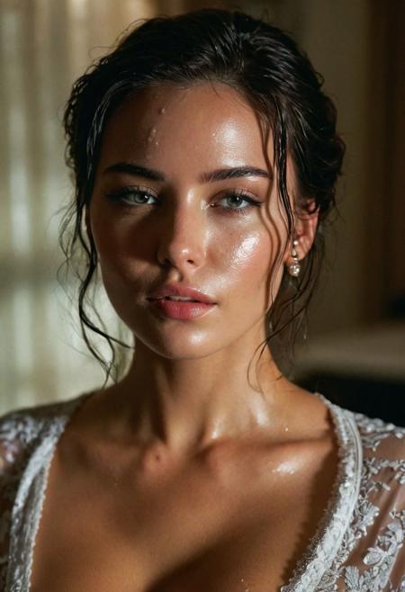 charter girl with a collar around the neck, beautiful and gorgeous face, closed eyes, naked, wet breasts, large boobs, sweaty, in the bedroom, dim light in the room, (35mm,F/2.8), ((Photo Focus, DOF, Aperture)), insanely detailed and intricate, realistic character, hyper-maximalist, elegant, ornate, beautiful, candid, attractive, captivating character, hyper-realistic