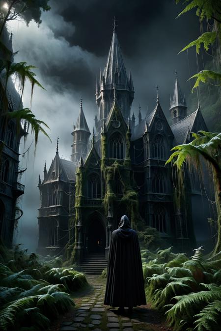 Horror-themed , Photo of a dark figure with a black cloak stands at a medium distance in front of a dragon head shaped gothic building overgrown with moss fern roots old building in a dark european jungle, heavy fog, dark clouds, (spooky atmosphere:1.3),
(darkness:5.0) , midnight, dark, dangerous, ghostly, spooky, scary, horror, mystical, creepy, <lora:add-detail-xl:1.8>,
 <lora:Cobweb_Style_SDXL:1> ais-webz,, Ultra-HD-details, true to life, HDR image, High detail resolution, high detailed cloth, cinematic lighting, realistic, sharp focus, (very detailed), ((4K HQ)), depth of field, f/1.2, Leica, 8K HDR, High contrast, bokeh, realistic shadows, vignette, epic, . Eerie, unsettling, dark, spooky, suspenseful, grim, highly detailed