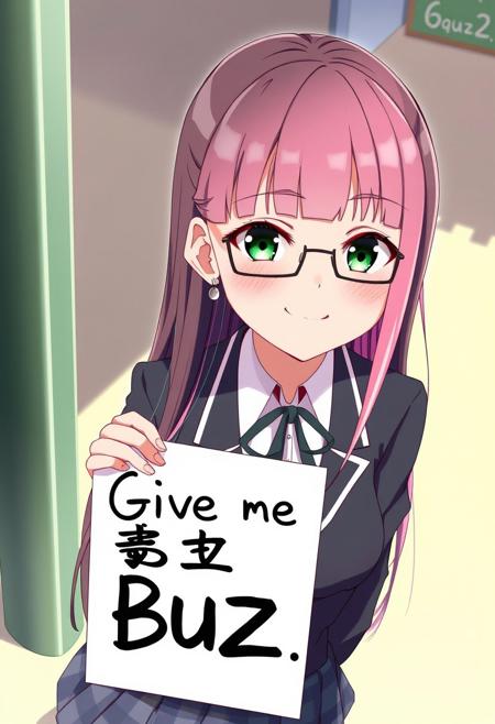 score_4,score_5,score_6,score_7_up,score_8_up,score_9 ((masterpiece,best quality,ultra detailed,highres,HD,4k:1.2)), 
1 girl,solo,face focus,
((glasses)),
((kurosawa dia,dia kurosawa,very long hair,blunt bangs:1.1)),very long black hair,very long multicolored hair,very long Inner color pink hair,green eyes,tattoo,earrings,small breast,
Blazer, school uniform, skirt, ribbon tie,
(("Give me Buzz.",Beggars Borad,Holding a sign, holding a sign that says, "Give me Buzz."))
wink,happy,blush, looking at viewer, smile,