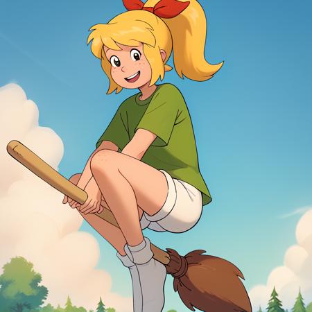 bibi blocksberg, blonde hair, high ponytail, black eyes, freckles red ribbon, green shirt, white shorts, white socks