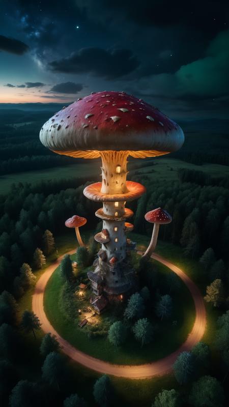 (8k digital photography:1.2),
aerial view over a beautiful landscape at night,an enormous mushroom tower rises into the sky,vibrant green magical forest