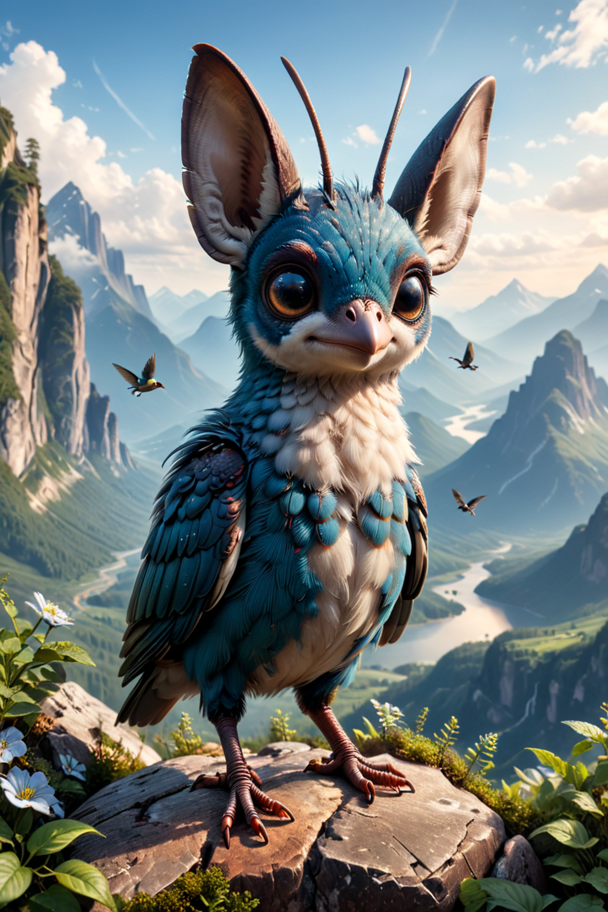 An animated bird with blue and white feathers is standing on a cliff overlooking a valley with a river.