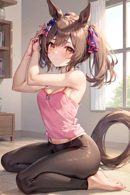 masterpiece, best quality, 
smart falcon \(umamusume\), 
stretching,
hair bow, hair ribbon, sleeveless, strap slip, pink shirt, pink camisole, tank top, bare shoulders, sweatpants, black pants, leggings, yoga pants
<lora:smart_falcon_loha:0.6>